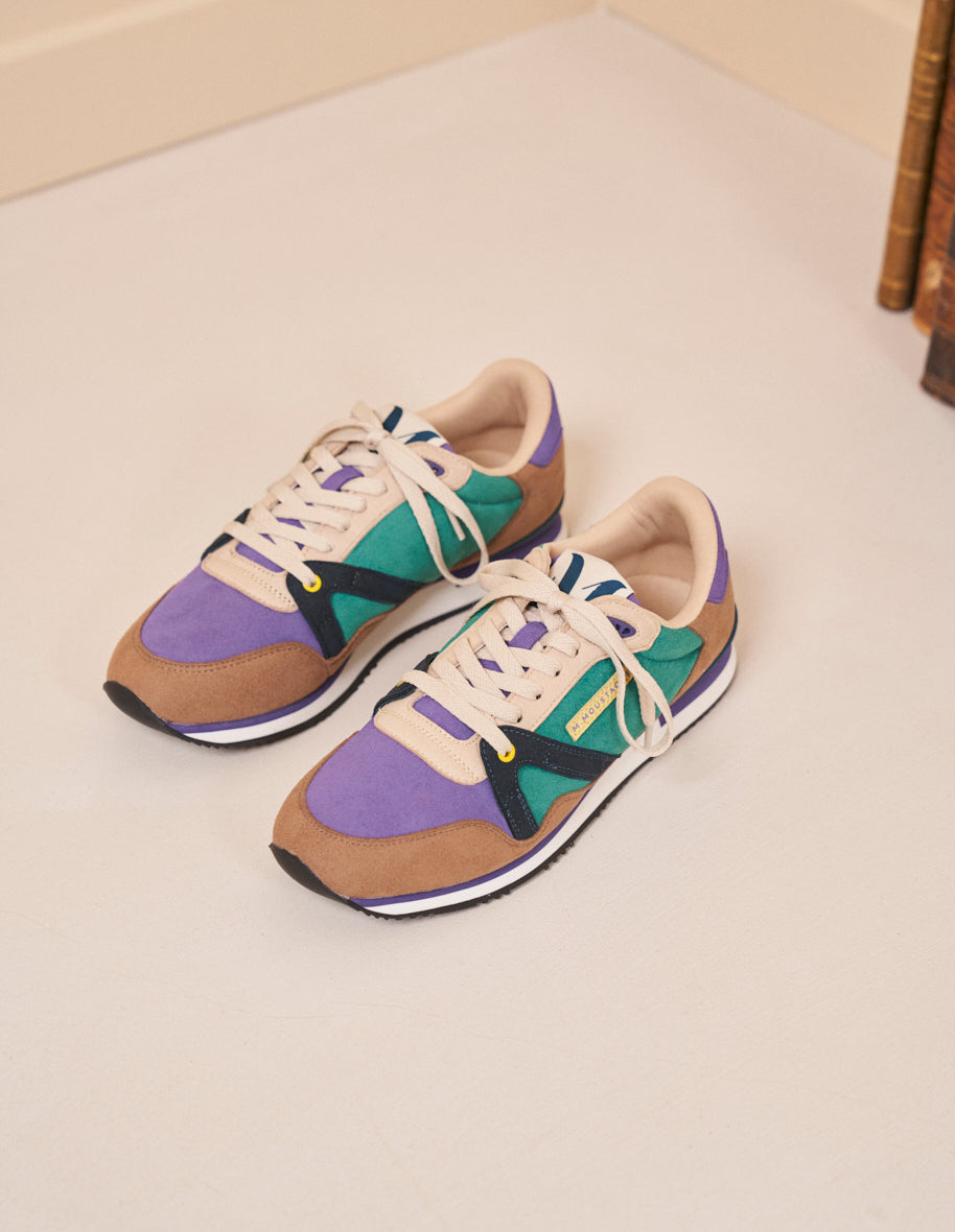 Running shoes André - Taupe, purple & petrol blue vegan suede