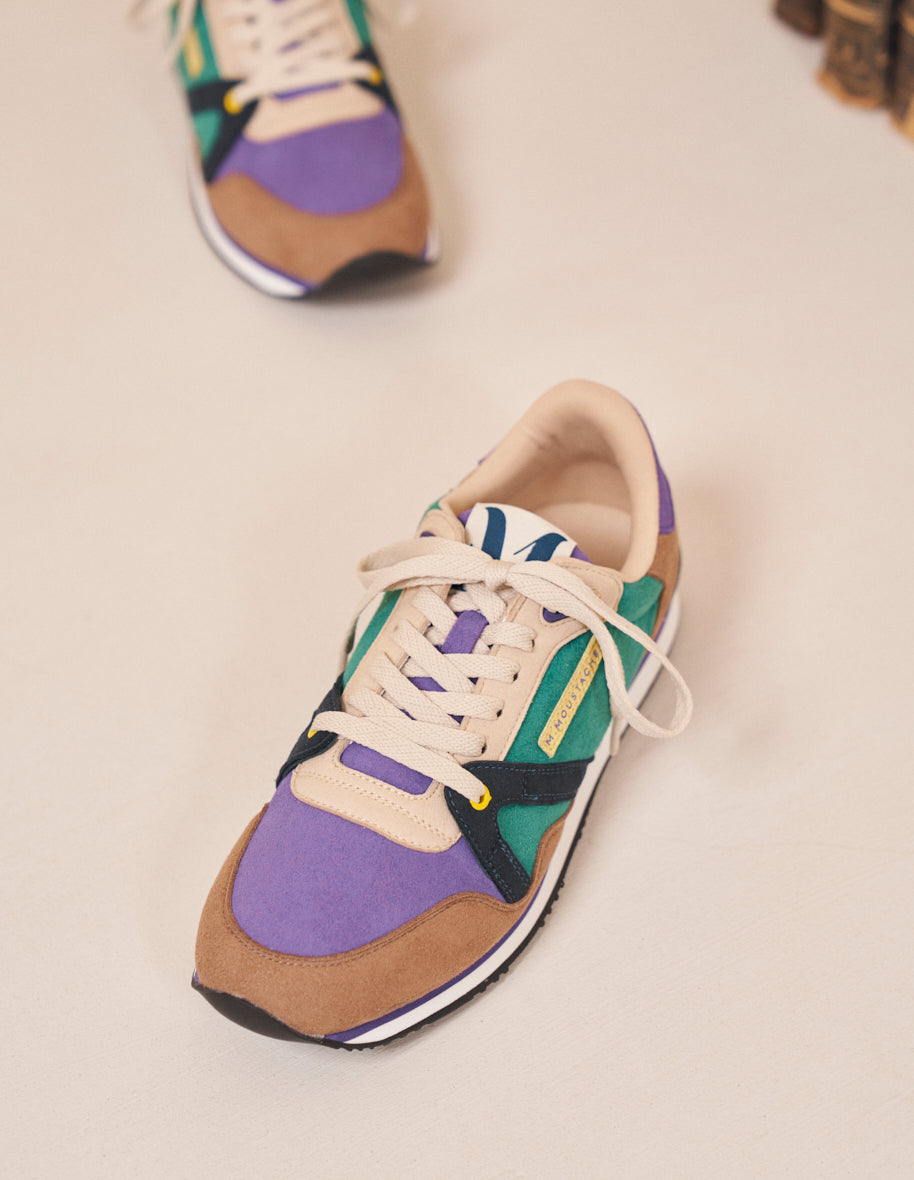 Running shoes André - Taupe, purple & petrol blue vegan suede
