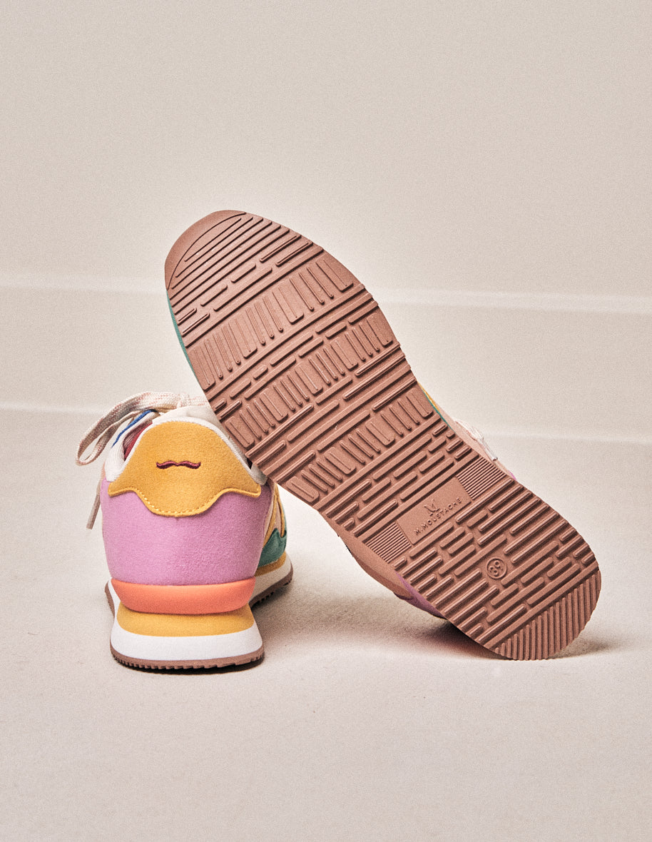 Running shoes Andrée - Fir, pink and mustard vegan suede