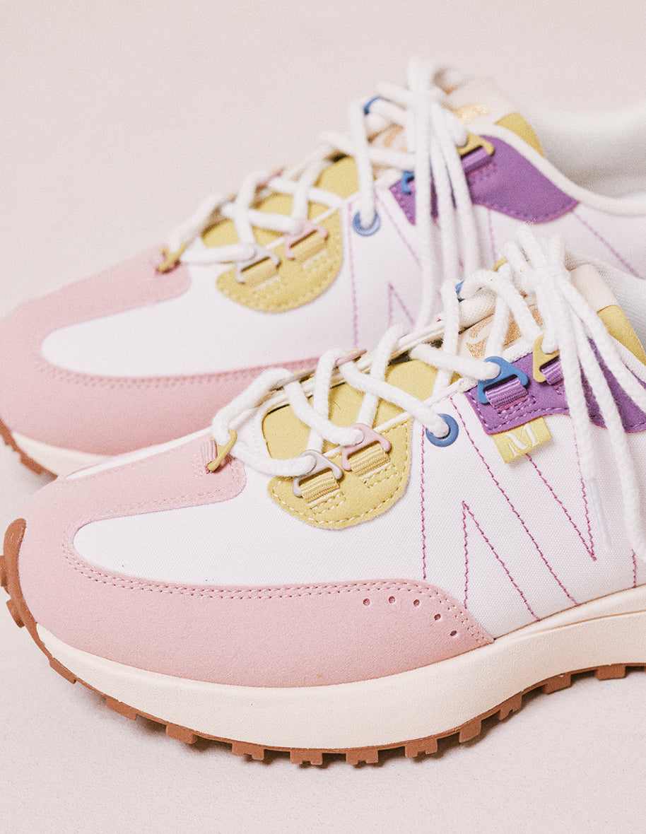 Running shoes Morgane - Light pink, white and lemon vegan suede and nylon