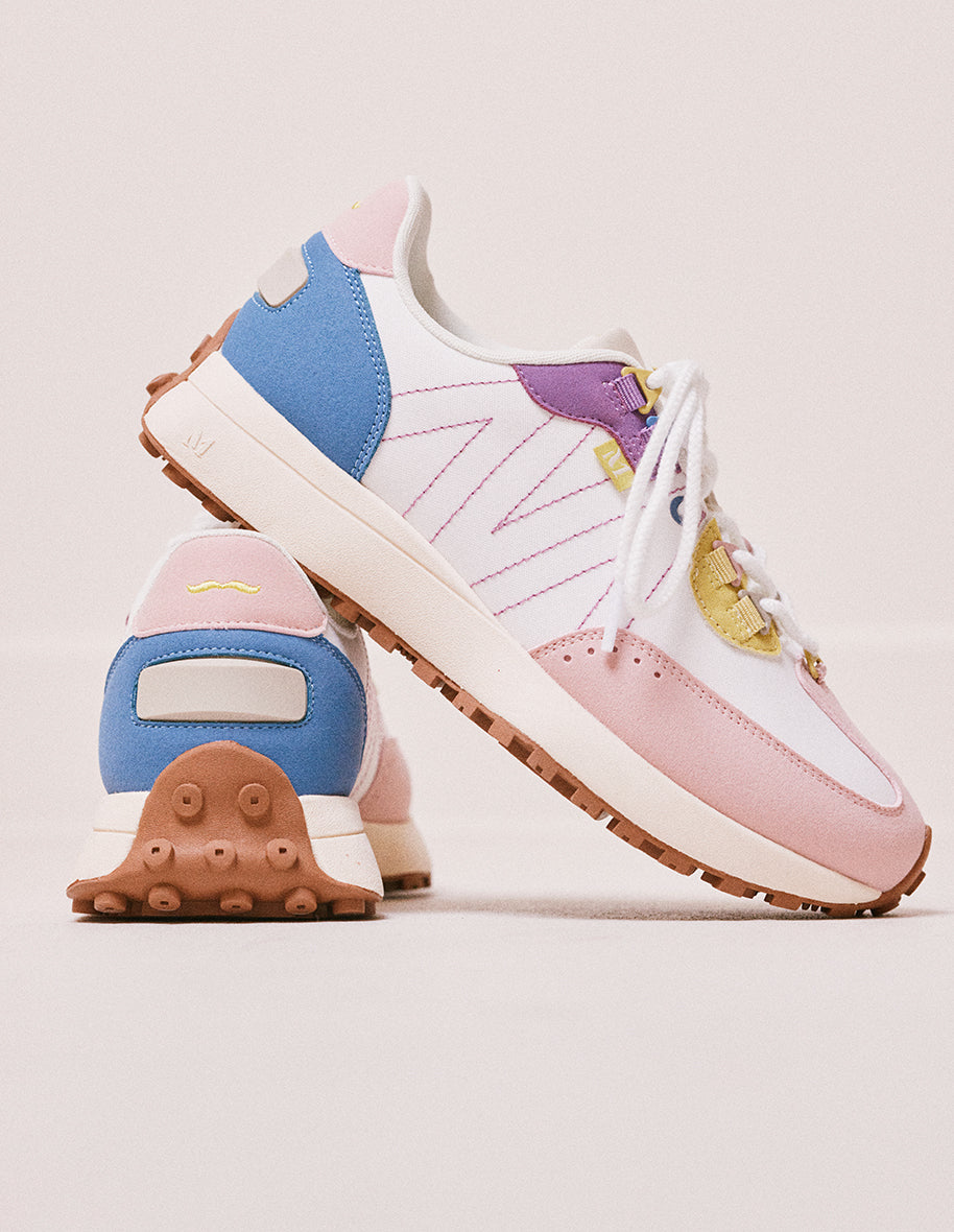 Running shoes Morgane - Light pink, white and lemon vegan suede and nylon