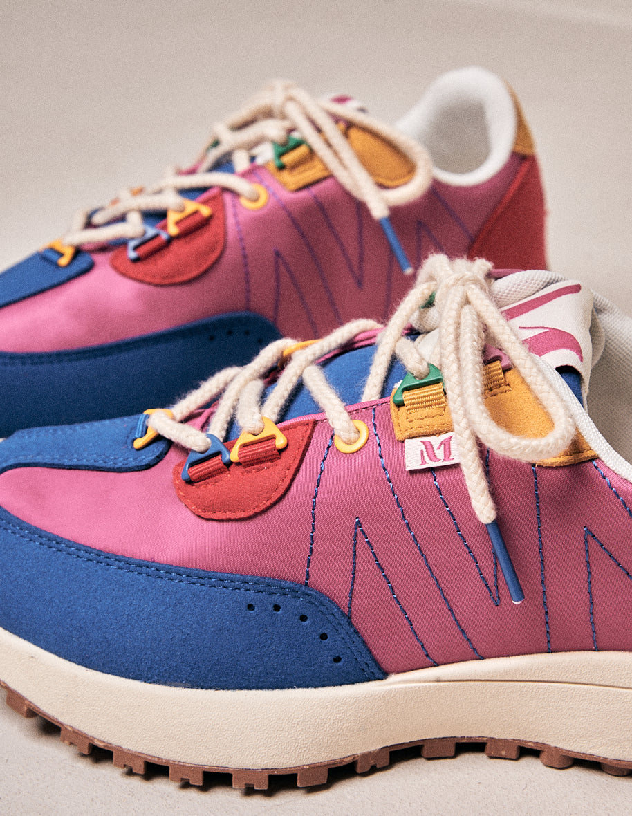 Running shoes Morgane - Blue, pink & red vegan suede and nylon