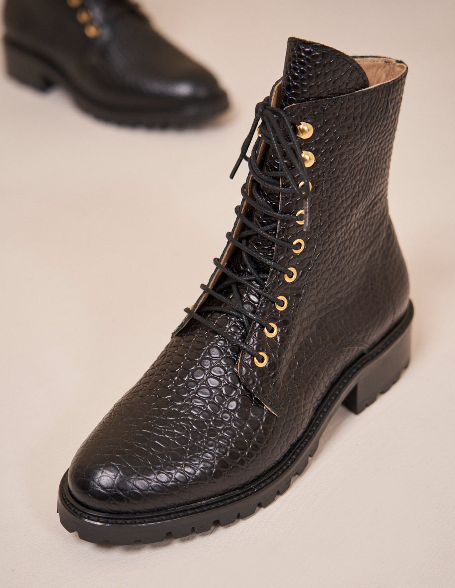 Ankle boots Noemie - Black croc-embossed leather