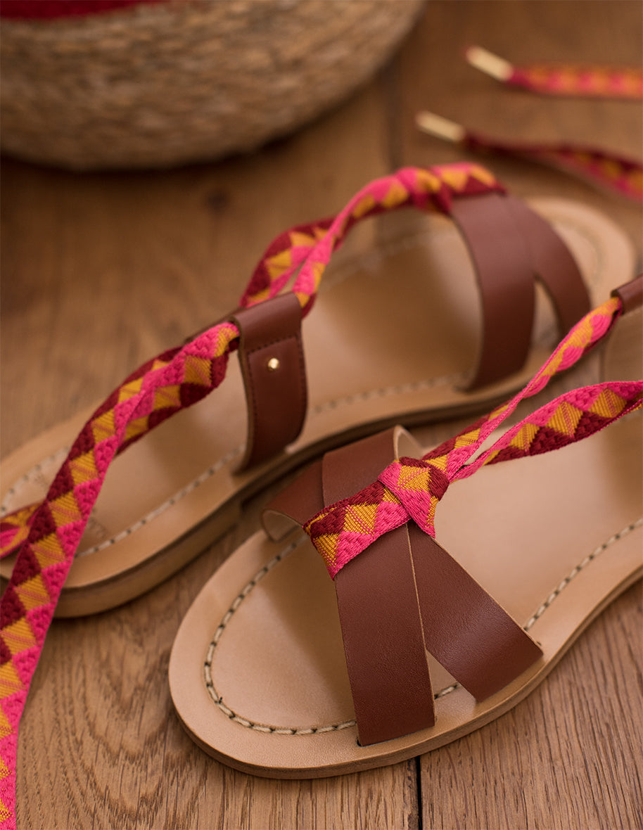 Zoé sandals - Ethnic cognac jacquard leather